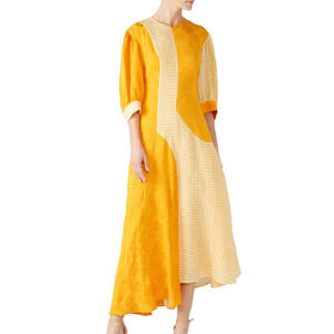 Rejina Pyo Yellow Paneled Asymmetric Maxi Dress Size 10 Linen Cottagecore $1090